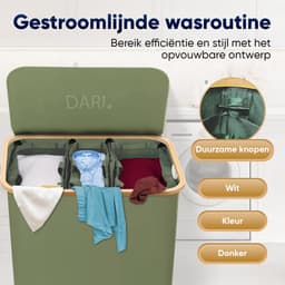 DARI. - Wasmand 3 vakken - Wassorteerder - 160L - met 3 uitneembare zakken - wasmand - groen - knopen — thumbnail 3