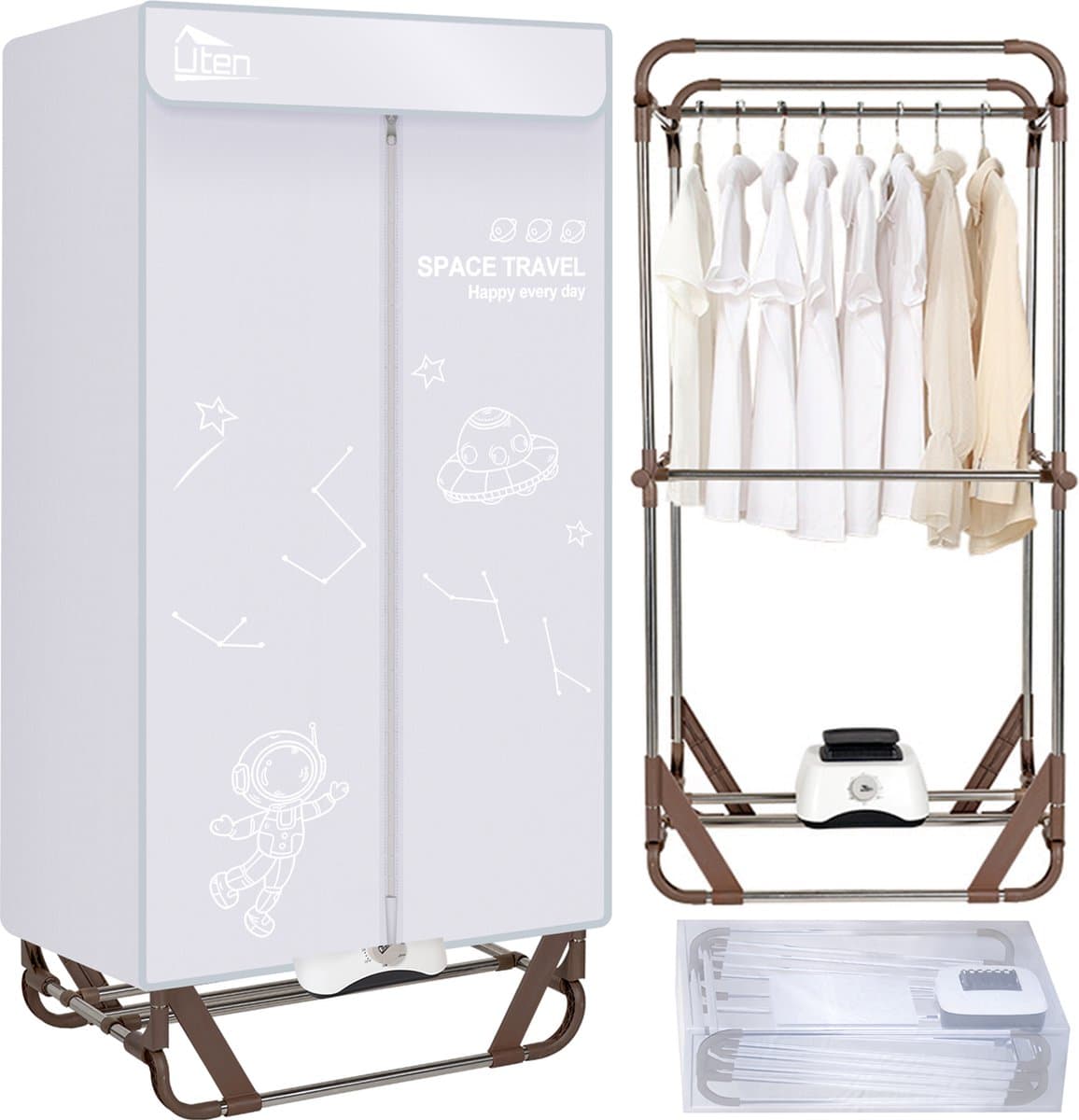 Uten Draagbare elektrische droger JY-01 - 2 lagen droog - Inklapbaar Design - Warmtepompdroger - 1500 W - Timer 0-180 Min - Droogrek met Verwarming - Wasdroger - Tot 10kg wasgoed - Als wasdroger, droogrek en Kledingkast- Hoogte 1.4 M - Grijs — afbeelding 1