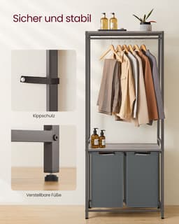 Wassorteerder - Wasmand - 2-delige wasmand met 2 planken - Was Sorteerder uittrekbare en uitneembare voeringen - kledingrek - 2 x 46 l - Grijs en zwart - 73 x 33 x 179 cm — thumbnail 5