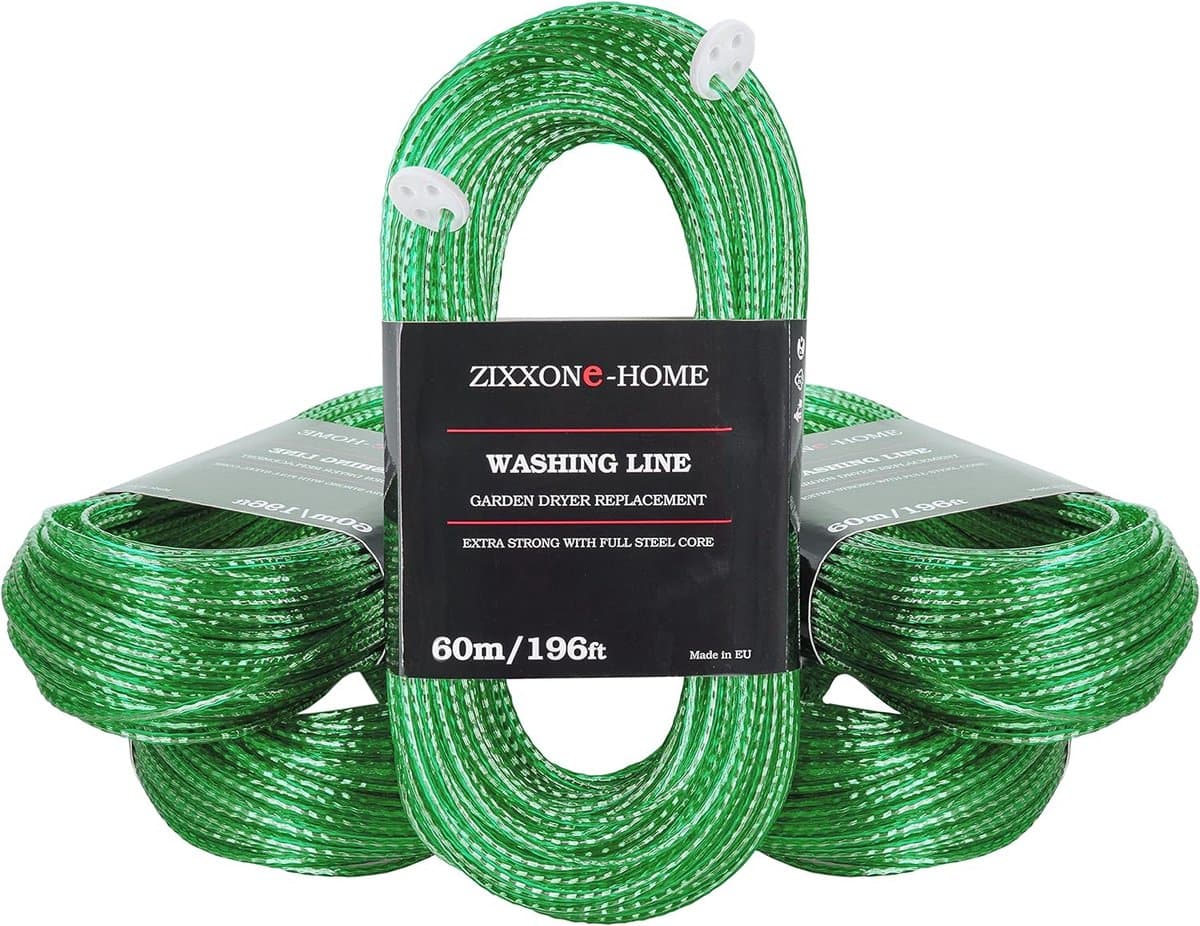 Waslijn met stalen kern, 60 m touw, duurzaam, met 2 spanners, voor de tuin, camping, wasdroger, reservelijn, massief stalen kern, extra sterk, lang, pvc, outdoorkoord, lichtgroen — afbeelding 1