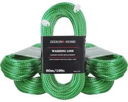 Waslijn met stalen kern, 60 m touw, duurzaam, met 2 spanners, voor de tuin, camping, wasdroger, reservelijn, massief stalen kern, extra sterk, lang, pvc, outdoorkoord, lichtgroen