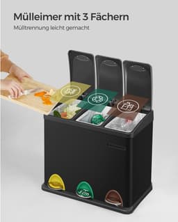 SONGMICS Keukenafvalbak - pedaalemmer - 3 compartimenten - 24 liter - afvalscheiding - zwart — thumbnail 4