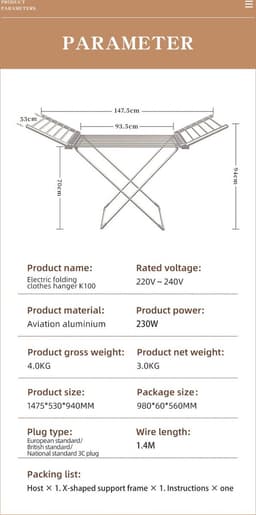 FurnStar - Adler - Droogrek - Elektrische droogrek - Verwarmde Wasrek - ‎Droogrek met Verwarming - Elektrisch Wasrek met Verwarming - 148 x 53 x 90 cm - Grijs — thumbnail 5