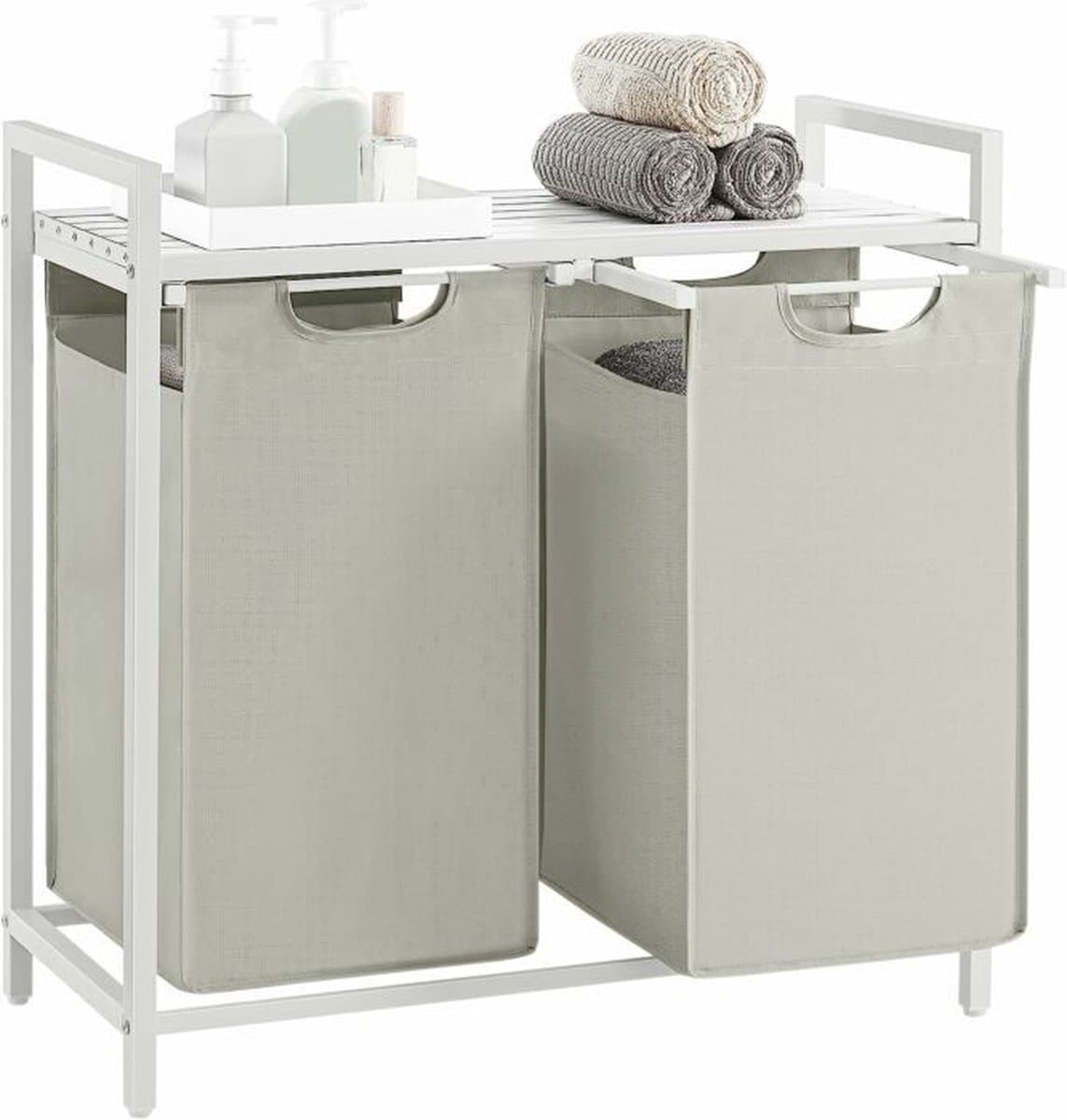 Wasmand 2 vakken, wasmand met plank, wasbox, waszak van oxford stof uitneembaar, metalen frame, 2 x 46 L, 73 x 33 x 72 cm, wit — afbeelding 1