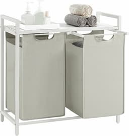 Wasmand 2 vakken, wasmand met plank, wasbox, waszak van oxford stof uitneembaar, metalen frame, 2 x 46 L, 73 x 33 x 72 cm, wit — thumbnail 1