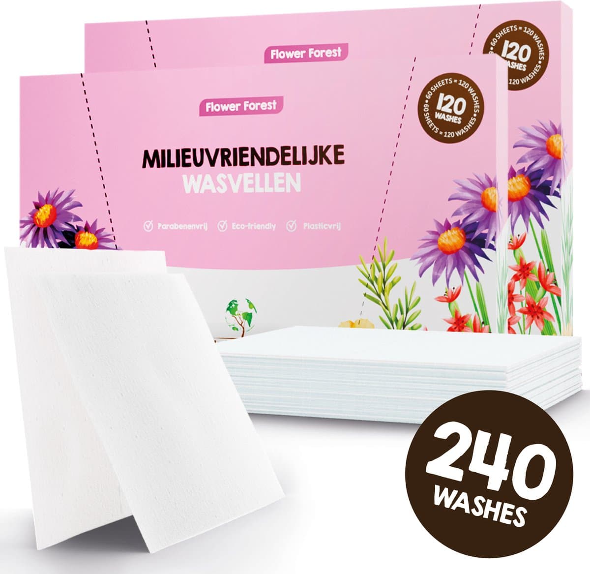 Mr. Green Mind Wasstrips ECO 240 Wasbeurten bloemig Flower Forest Milieuvriendelijke Wasmiddeldoekjes Wasvellen Wasmiddel Voordeelverpakking incl. wasverzachter — afbeelding 1