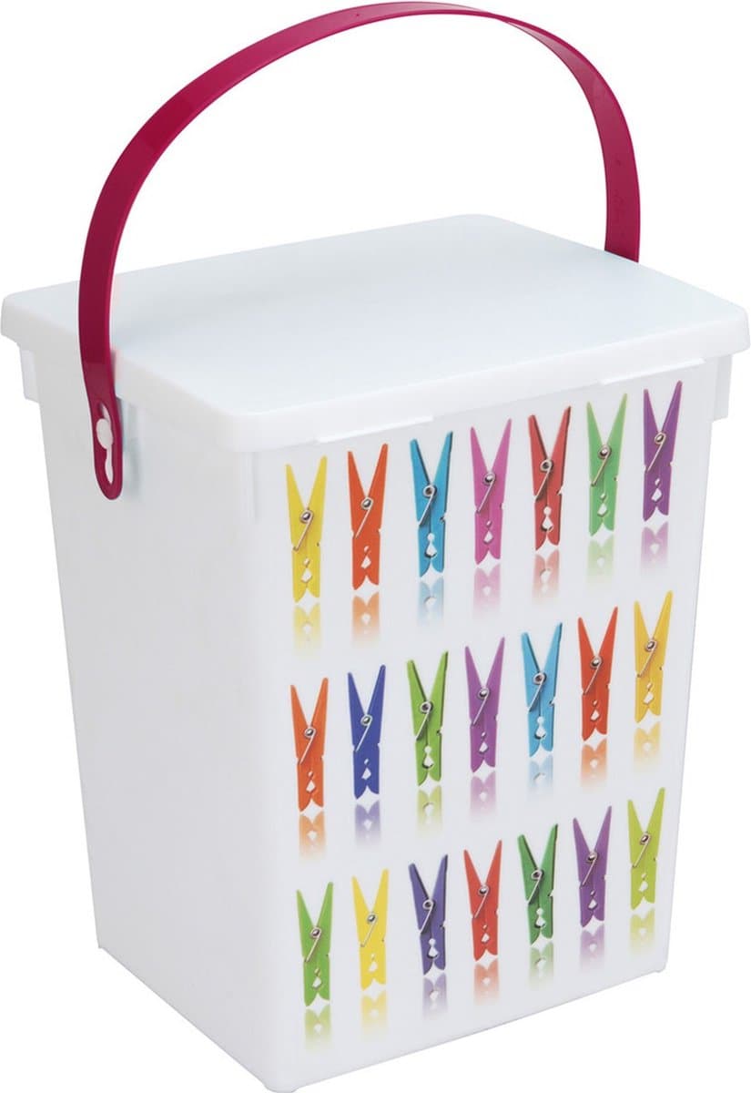 Wasknijper bewaarbox - Kunststof - Wit/Roze - 5 liter - 23x18cm — afbeelding 1