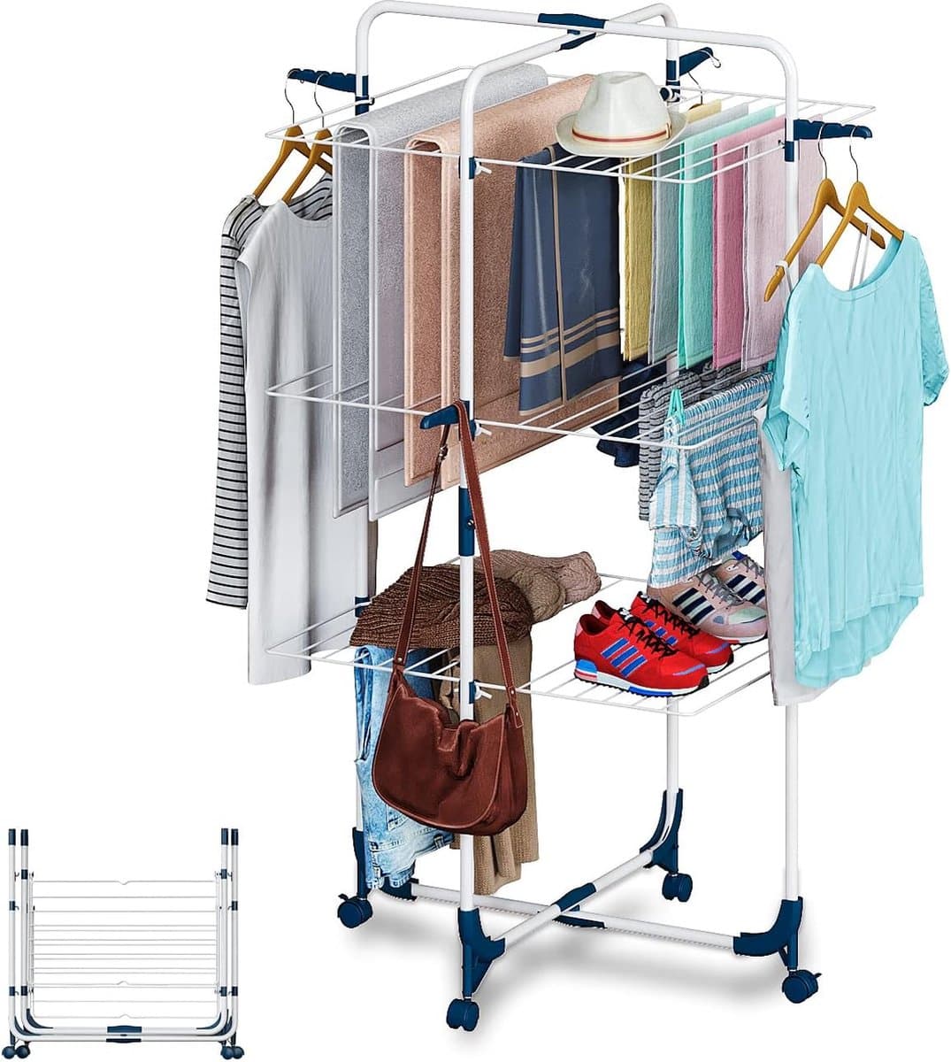 Kledingdroger Toren, opvouwbaar en ruimtebesparend, 3 niveaus, 6 opvouwbare vleugels, oprolbaar en stabiel, mobiele toren kledingdroger, droogrek voor grote gezinnen binnen en buiten, Wit en Blauw — afbeelding 1