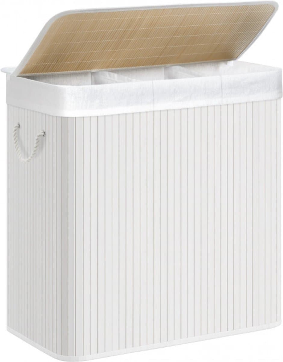 SONGMICS - Wasmand 150 liter - 3 sorteervakken - 60x40x61.5 - bamboe met stof - wit LCB091W01 — afbeelding 1