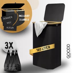 GOODD® - Wasmand - Wasmand 3 vakken - Wasmand met deksel - Wassorteerder - Zwart - 160 Liter — thumbnail 1