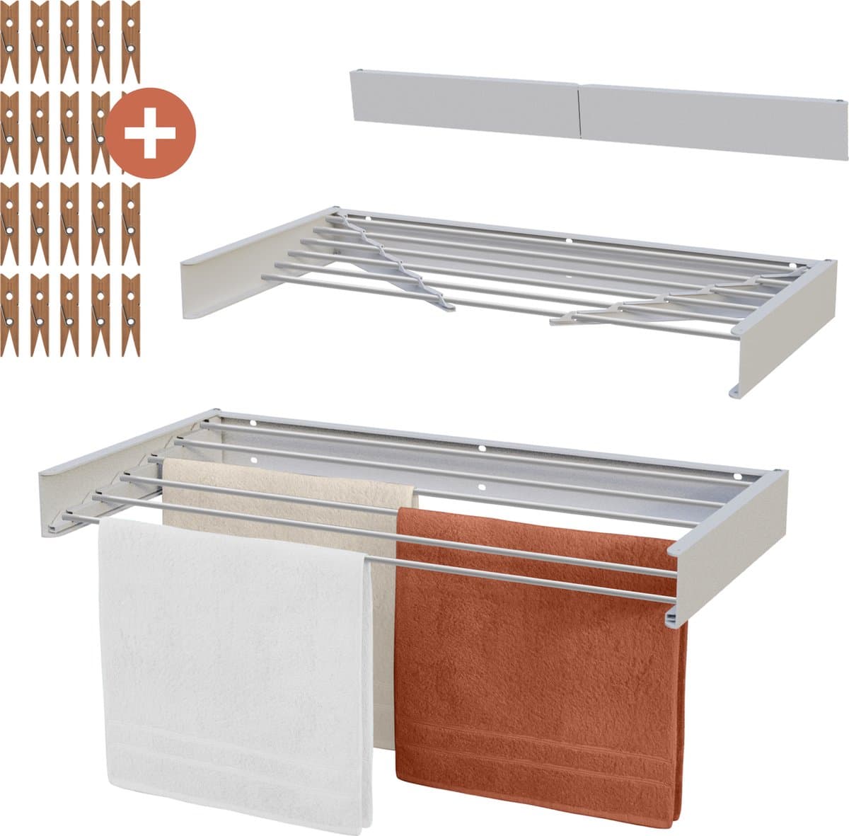 MiKas Wanddroogrek - Inklapbaar Droogrek - Wasrek - Hangend - Inclusief 20 wasknijpers - 100 cm - 6m drooglengte - Wit — afbeelding 1