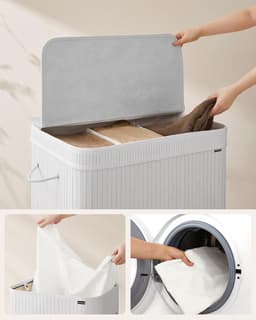 SONGMICS Wasmand met deksel, wasmand van bamboe, afneembare en machinewasbare waszak met handgrepen, 72 liter, voor wasruimte, slaapkamer, woonkamer, wolkwit — thumbnail 5