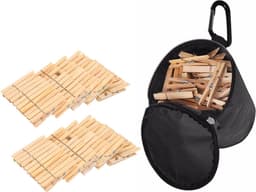 Wasknijpers tasje met haak en 200 stuks houten wasknijpers - Was ophangen - handige huishouden artikelen — thumbnail 1
