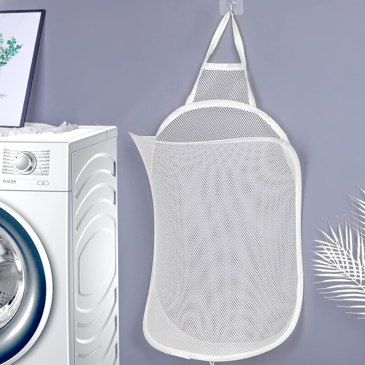 Hangende wasmand, grote pop-up wasmand met witte mesh wasmand, opvouwbare wasmand met handgrepen voor slaapkamer, badkamer (59 x 37 cm) — afbeelding 1