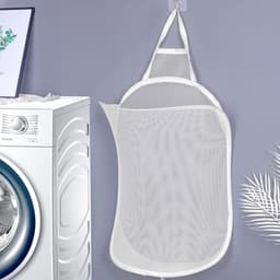 Hangende wasmand, grote pop-up wasmand met witte mesh wasmand, opvouwbare wasmand met handgrepen voor slaapkamer, badkamer (59 x 37 cm) — thumbnail 1
