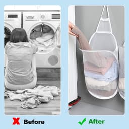 Hangende wasmand, grote pop-up wasmand met witte mesh wasmand, opvouwbare wasmand met handgrepen voor slaapkamer, badkamer (59 x 37 cm) — thumbnail 4