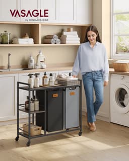 VASAGLE - Wasmand - Wassorteerder - 2 Vakken - 100 L Wassorteerder - Met Wielen en Afneembare Tassen — thumbnail 3