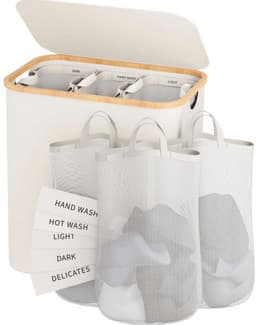 SOLEA Wasmand 3 vakken – Wasmand met deksel - Grote Wasmand met Was Sortering - Wassorteerder - 160 L - Beige - Bamboe — thumbnail 1