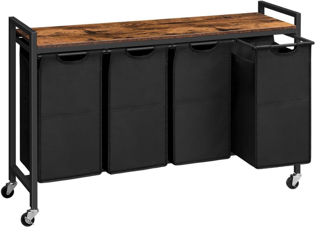 RUX® Wassorteerder 4 vakken - Wasmand 4 vakken 4x 39 Liter - Wasmand Met Opbergplank - Wassorteerder - Dubbele wasmand - Duo Wasmand – Wasmanden - Zwart - 111cm x 33cm x 75 cm — afbeelding 1