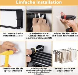 Uitschuifbaar Wand Droogrek RVS Zwart | Wanddroogrek met 7 Stangen | Telescopisch 12–36 cm | Ruimtebesparend Wasrek | Draagkracht 25 kg | Ideaal voor Badkamer, Balkon & Wasruimte — thumbnail 2