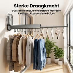 Wanddroogrek - Droogrek – Kledingrek – Wasrek – Inklapbaar – Hangdroogrek – Kledingroede & Kledingstang – Wasrek Muur- Donkergrijs — thumbnail 3