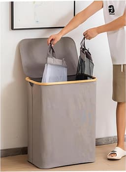 Wasmand met Deksel, 2 Compartimenten en Verwijderbare Waszakken, Vouwbare en Waterdichte Wasbox voor Badkamer, Slaapkamer en Wasruimte, Ruime Inhoud en Duurzaam Ontwerp — thumbnail 2