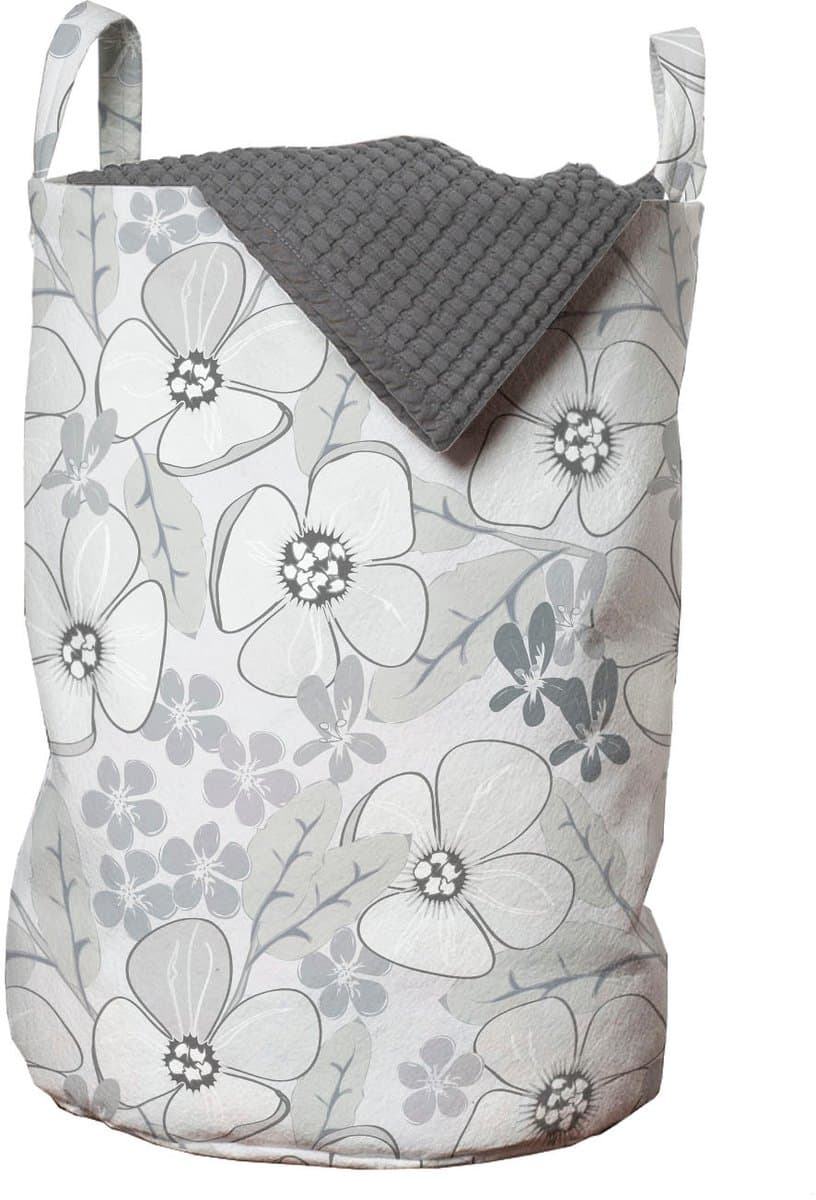 ABAKUHAUS bloemenwaszak, abstracte schetsbloemen, wasmand met handvatten, trekkoordsluiting voor wasserettes, lichtgrijs en wit — afbeelding 1