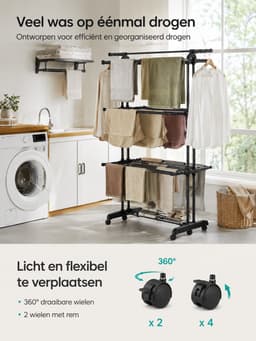 Velmio Wasrek - 4 Laags - Droogrek - Groot - 63x125x173 cm - Incl Ophanghaken - Met Opvouwbare Vleugels - Inklapbaar - Zwart — thumbnail 5