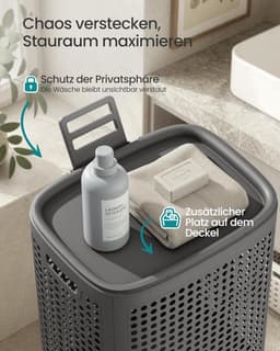 SONGMICS wasmand met deksel, wasbak plastic, 75 L, wasbak smal, wasbox ruimtebesparend, voor badkamer, wasruimte, slaapkamer, donkergrijs RLH021G101 — thumbnail 2