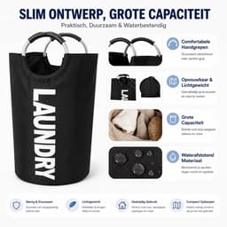 BOTC Wasmand - Waszak - 115L - Laundry basket - Wassorteerder - 43x79 cm - waszak vouwbaar - draagbaar wasbox - Zwart — thumbnail 4