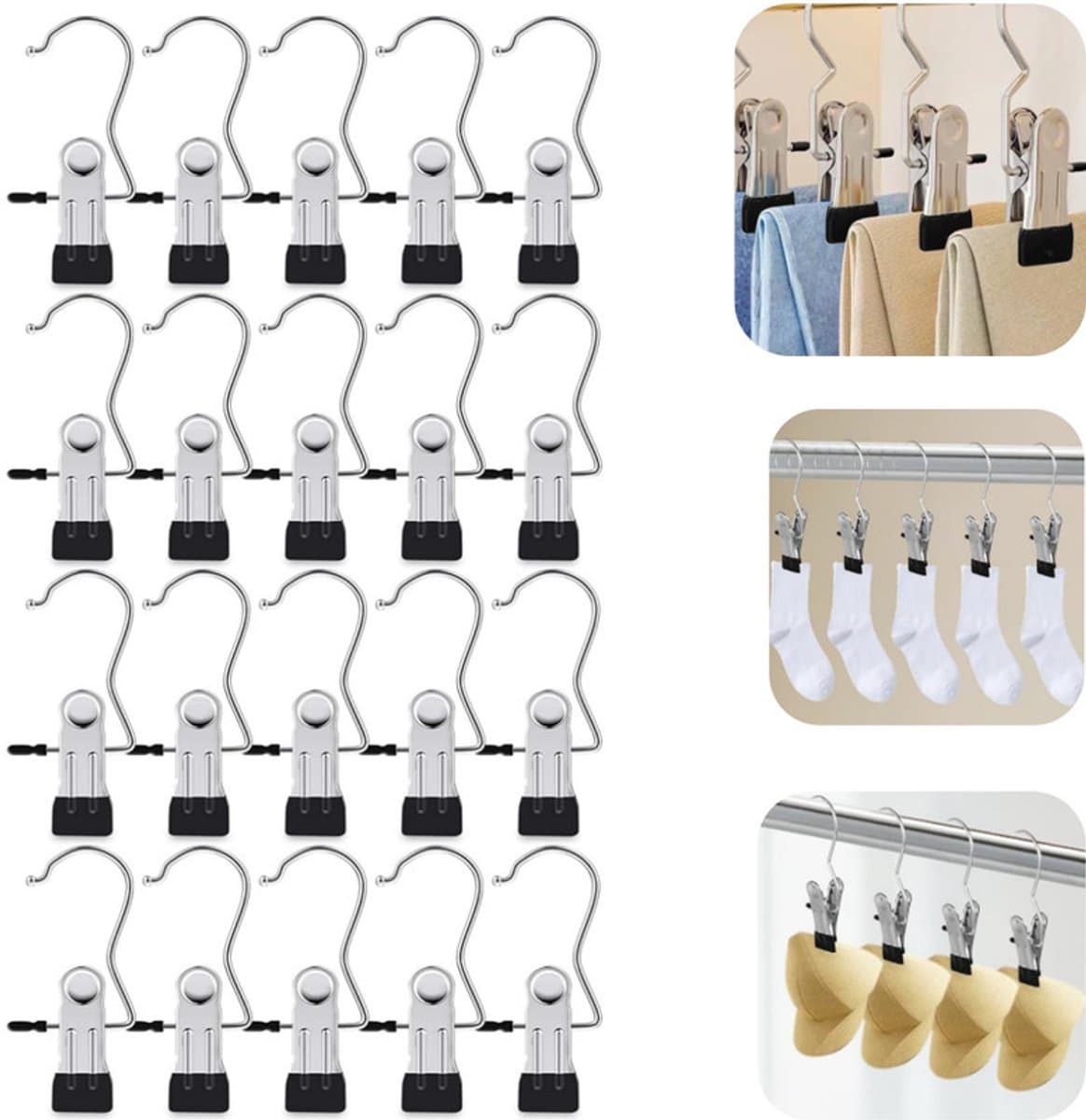 20 stuks klemmen - handdoekklemmen - hoedklemmen - sokkenklemmen - met haak - antislip - opbergaccessoires - huishoudelijke artikelen - geschikt voor het ophangen van sokken, handdoeken, hoeden, broeken (zwart, 11,5*4.4cm) — afbeelding 1