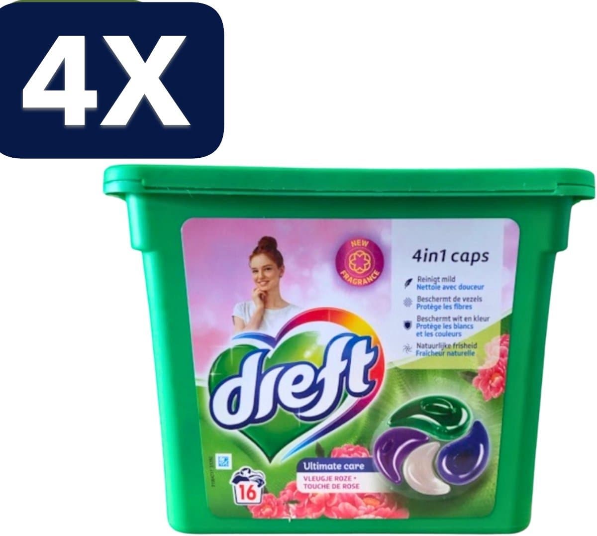 4 x Dreft - Wasmiddelcapsules 4in1 - Witte en Gekleurde Was - Vleugje Roze - 16 Wasbeurten — afbeelding 1