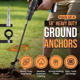 Set van 4 Grondankers - 46cm Zware Uitvoering - Grondpen met 7cm Spiraalblad - Stormbeveiliging voor Trampoline, Speeltoestel, Carport & Partytent - Massief Staal - Inclusief Afneembare Oogringen - Zwart — thumbnail 3
