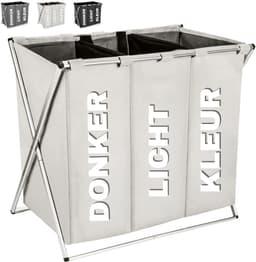 Fabono-Opvouwbare Wasmand met 3 Vakken 100L – Grote Wassorteerder met Handgrepen – Wasverzamelaar voor Donkere, Witte & Gekleurde Was – Beige Wasmand voor Badkamer en Wasruimte — thumbnail 1