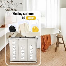 Fabono-Opvouwbare Wasmand met 3 Vakken 100L – Grote Wassorteerder met Handgrepen – Wasverzamelaar voor Donkere, Witte & Gekleurde Was – Beige Wasmand voor Badkamer en Wasruimte — thumbnail 5