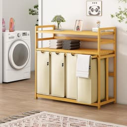 Aura® Wasmand 4 Vakken - Wassorteerder - Waszak - Bamboe Frame - Beige - 104cm x 42cm x 100cm — thumbnail 4