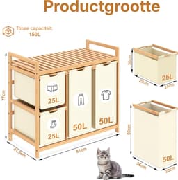 REN® Wasmand 3 Vakken - Wasmand - Wassorteerder - Wasmand Met Deksel - Beige - 42cm x 81cm x 77cm — thumbnail 2
