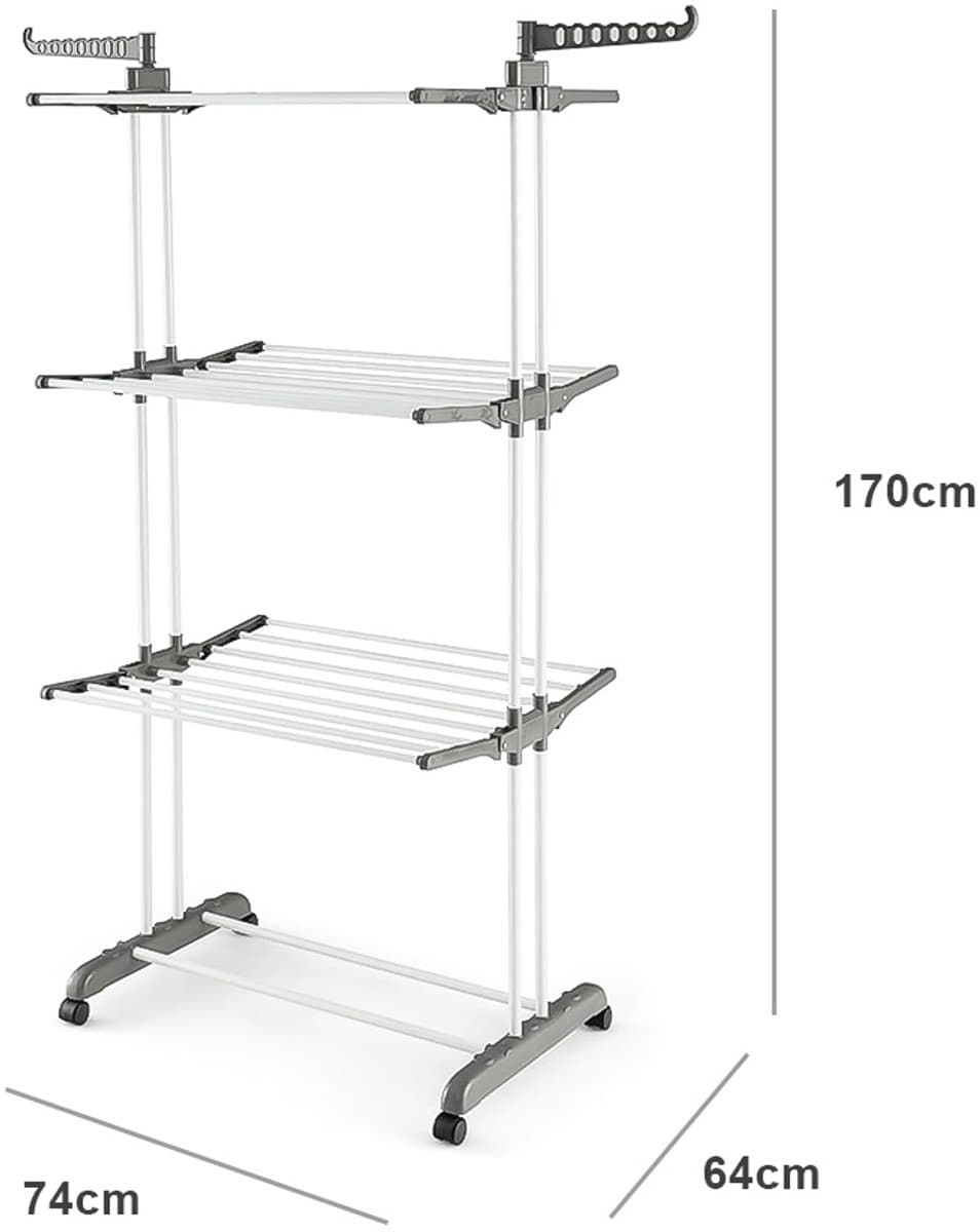 Droogrek - Inklapbaar Wasrek - Droogtoren - Wastoren - Wastoren Staand - Droogrek op Wielen - 40 kilo Draaggewicht - 170 x 74 x 64 cm - Grijs — afbeelding 1