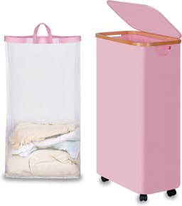Vouwbare Wasmand met Wielen en Deksel, 75L, Roze Slimme Wasmand met Bamboe Handvatten en Afneembare Zak voor Slaapkamer, Badkamer en Wasruimte — thumbnail 1