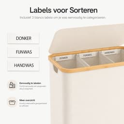 BOTC Wasmand 3 Vakken - Wassorteerder - 160L Capaciteit - Met 3 blanco etiketten - Bamboe Wasmand met Deksel - 75*57*37cm - Crème wit — thumbnail 5