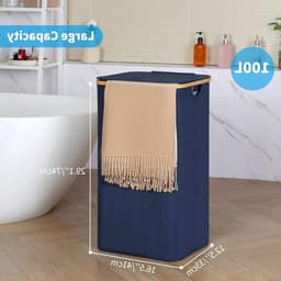 Hoge wasmand met deksel van 100 liter, opvouwbare XXL wasmand met bamboe handvat en binnenvak, ideaal voor slaapkamer en badkamer, blauw — thumbnail 5