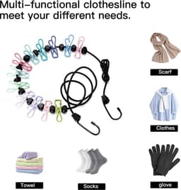 1 stuk - Uitschuifbare waslijn - Waslijn voor het drogen van kleding buitenshuis - Droogtouw voor kleding - Draagbaar en windbestendig - Kleurrijk - 183 cm - Geschikt voor het drogen van kleding binnenshuis en als accessoire voor kamperen buitenshuis — thumbnail 4
