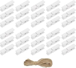 Houten Wasknijpers - Kleine Knijpers - Foto's Ophangen - Met Jute Koord - 35 cm - Wit — thumbnail 1