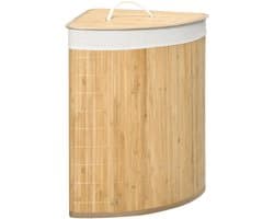 Hoekwasmand - Wasmand - Wasbox - Wasverzamelbak - Bamboe - Met deksel - Uitneembare waszak - Ruimtebesparend - Badkamer - 38x38x57 cm - 55L - Natuur en wit
