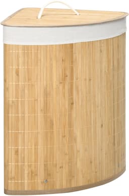 Hoekwasmand - Wasmand - Wasbox - Wasverzamelbak - Bamboe - Met deksel - Uitneembare waszak - Ruimtebesparend - Badkamer - 38x38x57 cm - 55L - Natuur en wit — thumbnail 1