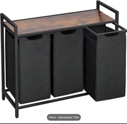 Wasmand 3 Vakken - Wassorteerder - Uitschuifbaar - Wasbox Metaal - 117L Inhoud - 90 x 33 x 70 cm - Zwart/Bruin — thumbnail 2