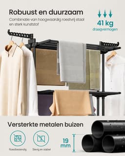Allero Wasrek - Droogrek - Wasrek Inklapbaar - Zwart - Draagvermogen 41 KG - Inclusief Wieltjes - 4 Niveaus - Droogtoren — thumbnail 5