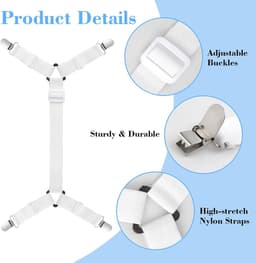 4 stuks verstelbare bedlakenspanners, witte spanlakenspanners met metalen clips, twee zijden met vier klemmen, bedlakenhouder, maatbereik 68-280 cm, voor bedlaken, matras, strijkplank, sofabekleding — thumbnail 3