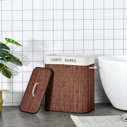 Bamboe Wasmand 100L met Deksel 52x32x63cm Bruin+Wit 2 Vakken Uitneembare Wasbare Katoenen Zak 3 Handgrepen voor Slaapkamer Badkamer — thumbnail 3