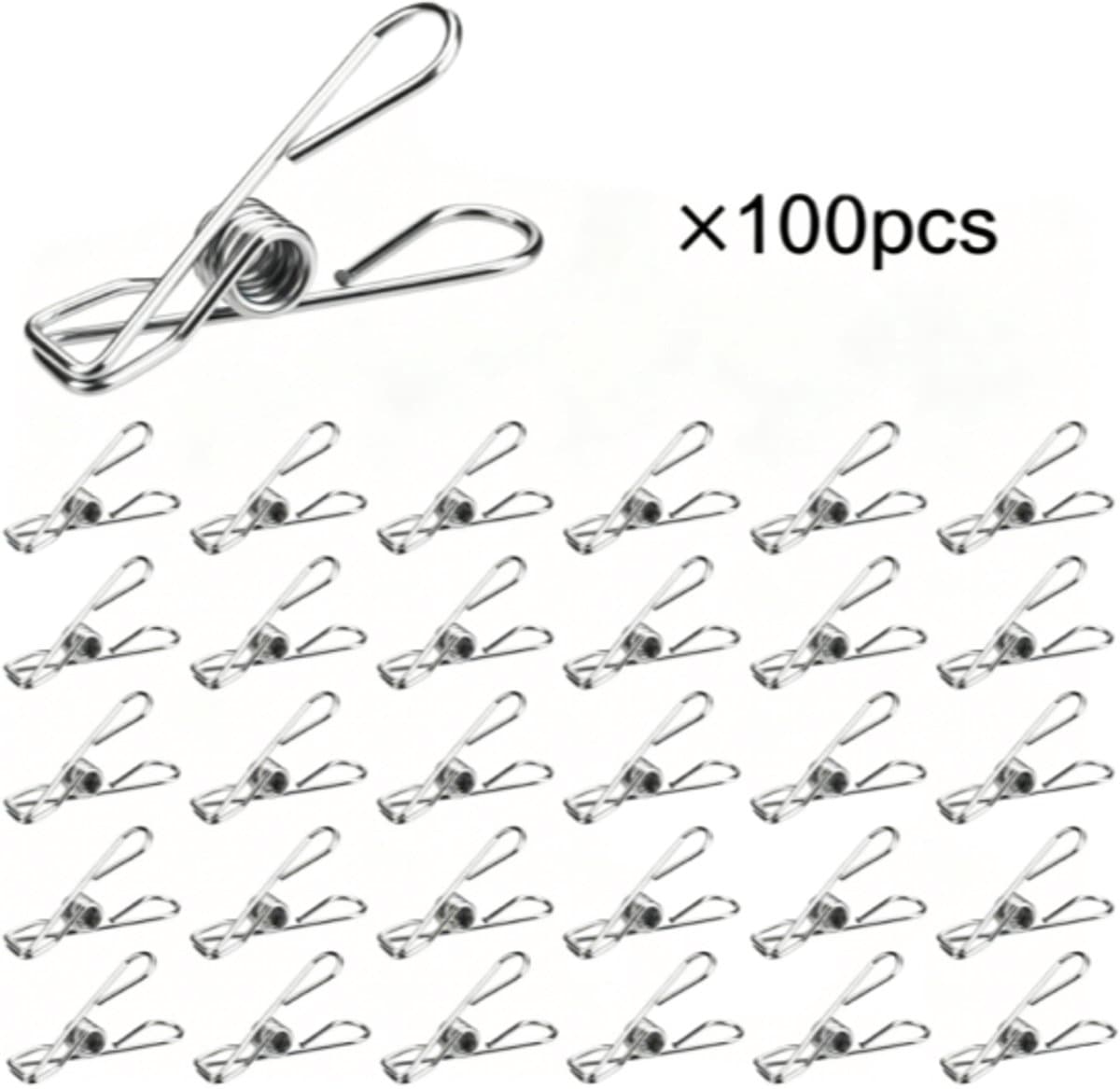 Wasknijpers - Roestvrijstalen clips - Kleine metalen clips - Antislip clips - Geschikt voor handdoeken, sokken, ansichtkaarten en snackzakjes - 100 stuks per verpakking - Zilver — afbeelding 1
